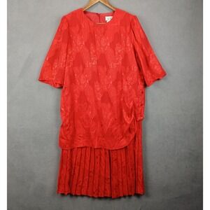 Original By Rich Lady Dress Women 14.5 Red Floral Print Asymmetrical Hem Pleated
